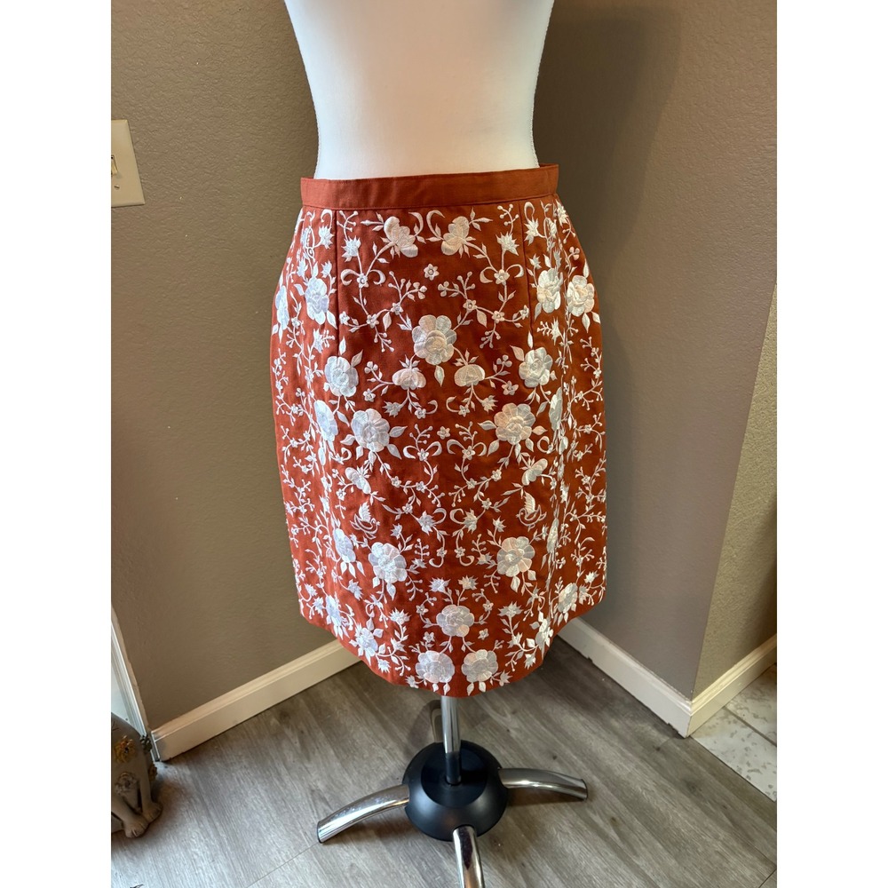 Rust Orange Faux Suede Floral Embroidered Midi Pencil Skirt High Waisted Burnt M